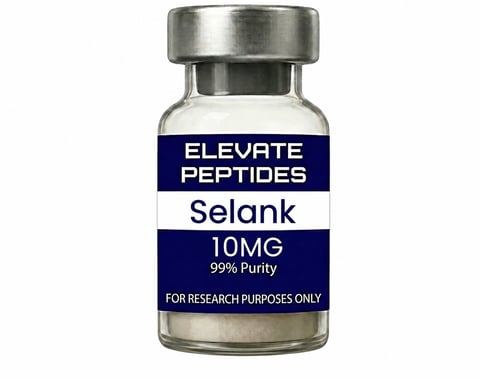 A glass vial labeled Elevate Peptides Selank 10MG 99% Purity with a metal cap, marked for research purposes only
