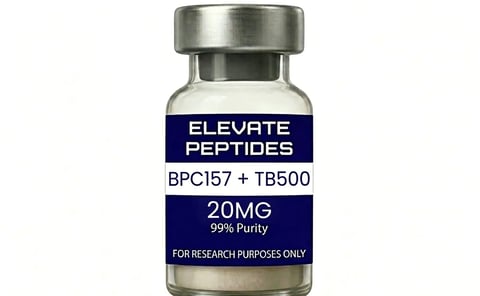 Glass vial of Elevate Peptides BPC157 + TB500 20mg research compound with steel cap and label