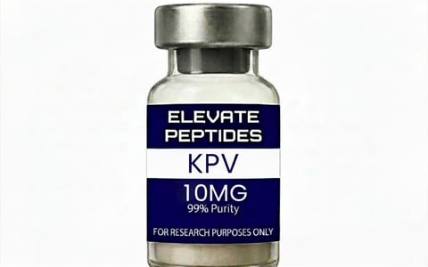 Vial of Elevate Peptides KPV 10mg research powder with 99% purity label and metal cap