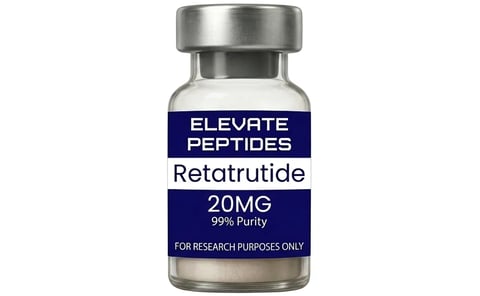 Glass vial of Elevate Peptides Retratutide 20mg research peptide with silver cap and blue label