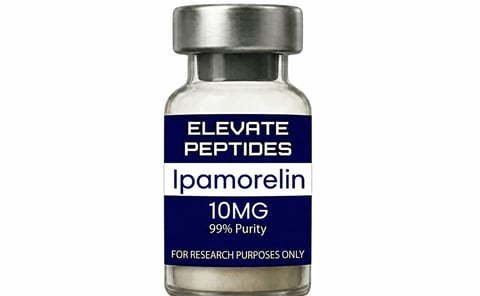 Vial of Ipamorelin 10mg peptide powder labeled Elevate Peptides, 99% purity, for research purposes only