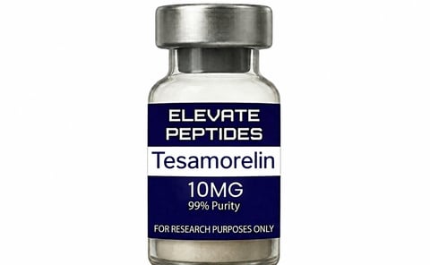 Glass vial labeled Elevate Peptides Tesamorelin 10MG 99% Purity for research purposes only
