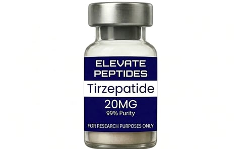 Glass vial labeled Elevate Peptides Tirzepatide 20mg 99% Purity for research purposes only with metal cap