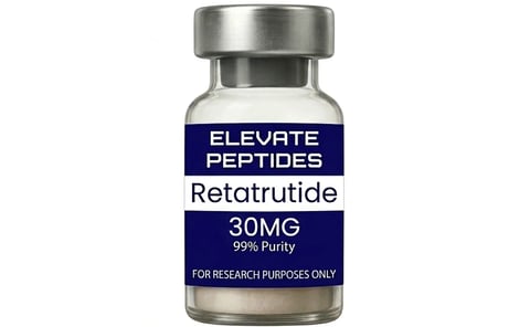 Glass vial of Elevate Peptides Retatrutide 30mg 99% purity research chemical