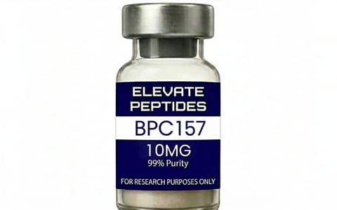 Vial of Elevate Peptides BPC157 10mg research peptide with 99% purity label on glass bottle with metal cap