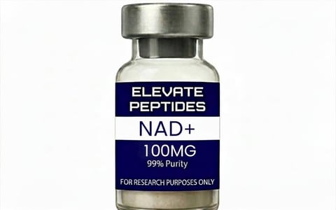 Glass vial of Elevate Peptides NAD+ supplement, 100mg, 99% purity, labeled for research purposes only
