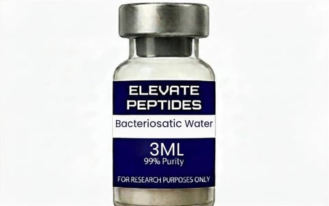 Small glass vial with metal cap labeled Elevate Peptides Bacteriostatic Water 3ML 99% Purity for research purposes