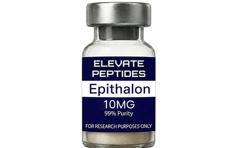 Glass vial of Epithalon peptide 10mg at 99% purity from Elevate Peptides, labeled for research purposes only