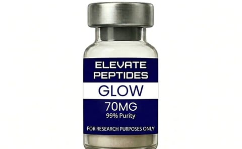 Elevate Peptides Glow 70mg research vial with metal cap containing 99% pure peptide powder