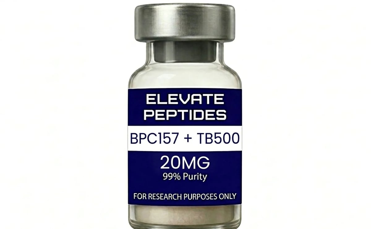 Vial of Elevate Peptides BPC157 + TB500 20mg research peptide compound with 99% purity