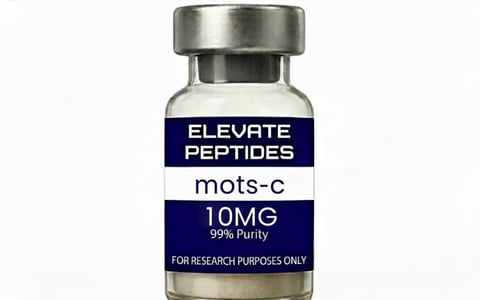 A glass vial labeled Elevate Peptides mots-c 10mg 99% purity for research purposes only with a silver cap.