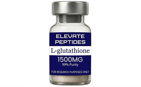 Glass vial of Elevate Peptides L-glutathione 1500MG research powder with metal cap and blue label