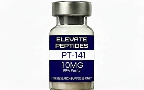 Laboratory vial of Elevate Peptides PT-141 10mg research compound with steel cap and dark blue label
