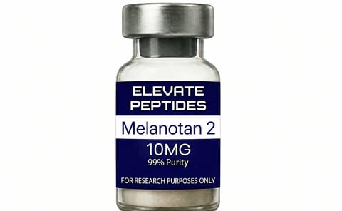 Glass vial of Elevate Peptides Melanotan 2 10mg research peptide with 99% purity label and metal cap