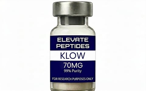 Glass vial of Elevate Peptides KLOW 70mg with 99% purity label for research purposes