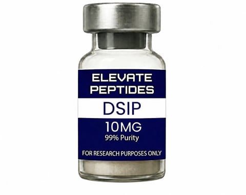 Clear glass vial with metal cap labeled Elevate Peptides DSIP 10MG 99% Purity, for research purposes only